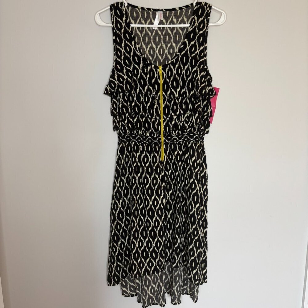XHILERATION NEW Ruffle Dress Womens M Black Off White Hi-Lo Tiered Zipper Flowy